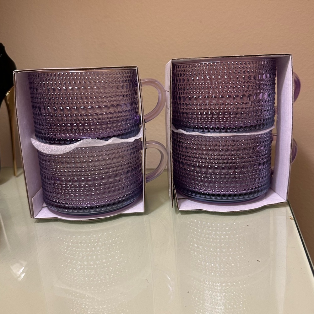 Cupcakes and Cashmere Set of 4 Purple Embossed 15 oz Glass Mug Set